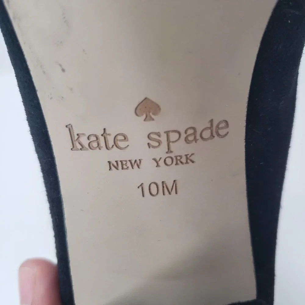 Kate Spade Kiltie Block Heel Pumps Sz 10 Black Suede Slip On Dressy Bow Heels - Picture 10 of 12